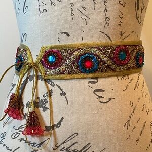 Embellished Beaded Gold Turquoise & Fuchsia Multicolor Tassel Sash Belt